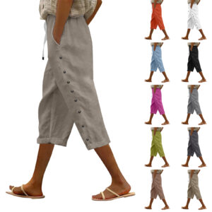 #MoteruStyle! Casual Patchwork Button Cropped Pants For Women Loose Nine Point Pants Cool Leggings Mid Waist bootcut trousers