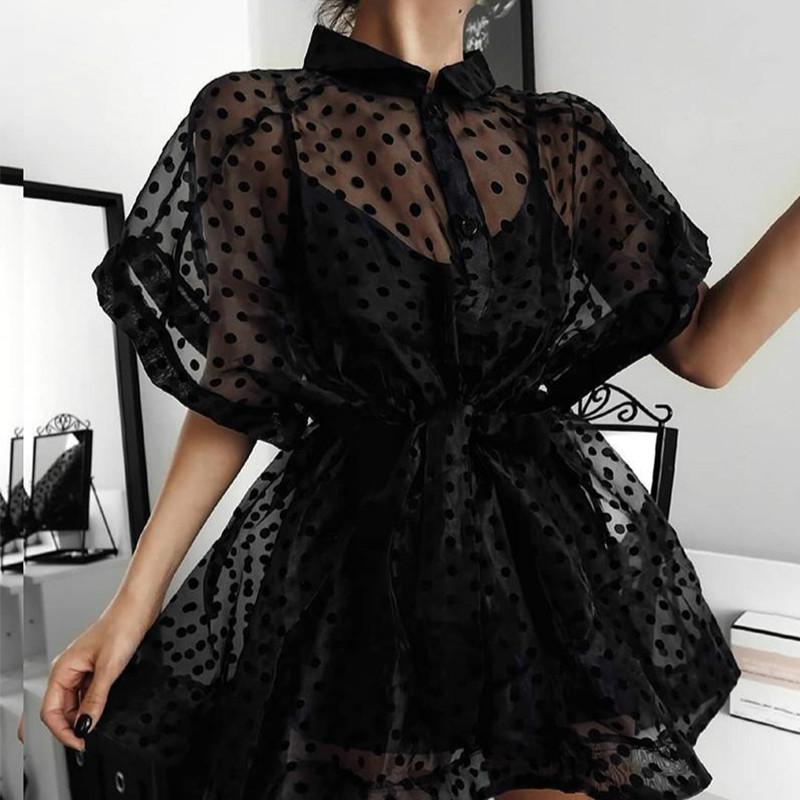# MoteruStyle! Sexy Polka Dot Mesh Mini Dress Elegant Shirt Dress Bikini Blouse Top Dress 2 PCS Organza Dress See Through Cover Spaghetti Strap Short Sleeve Bow Waisted Nightclub Evening Party - 画像 (3)