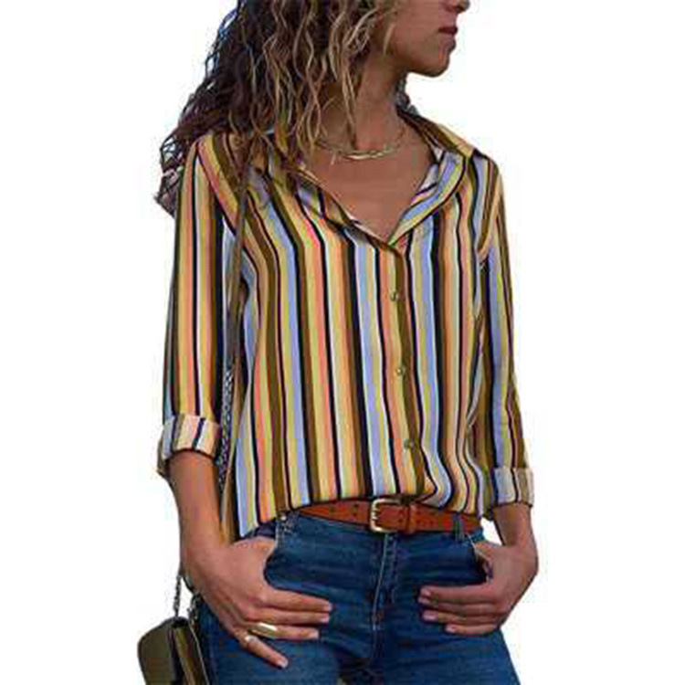 #MoteruStyle! Striped Casual V-Neck Long Sleeve Chiffon Blouse Cardigan Roll Up Button Down Loose Fit Lapel casual Work Top - 画像 (6)