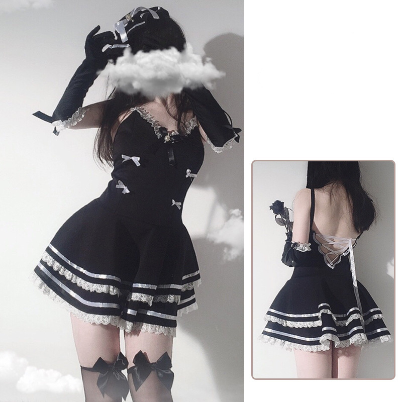 # Moterustyle! With Stocking Sexy Lingerie Student Uniform Jk Seduction Cute Maid Black White Little Devil Gothic Lolita Princess Dress Club Nightwear evening party schoolgirl - 画像 (3)