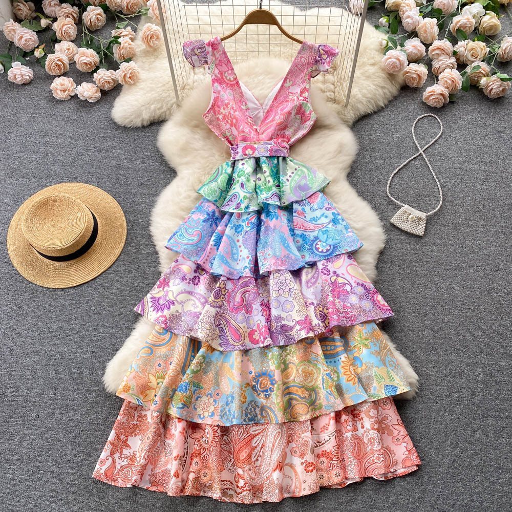 #MoteruStyle! European And American Model Style Retro Flower PrintRetro Flower Prin Printed French Flying Sleeve Sexy Low-cut V-neck Layers Of Cake Dress One-piece - 画像 (10)