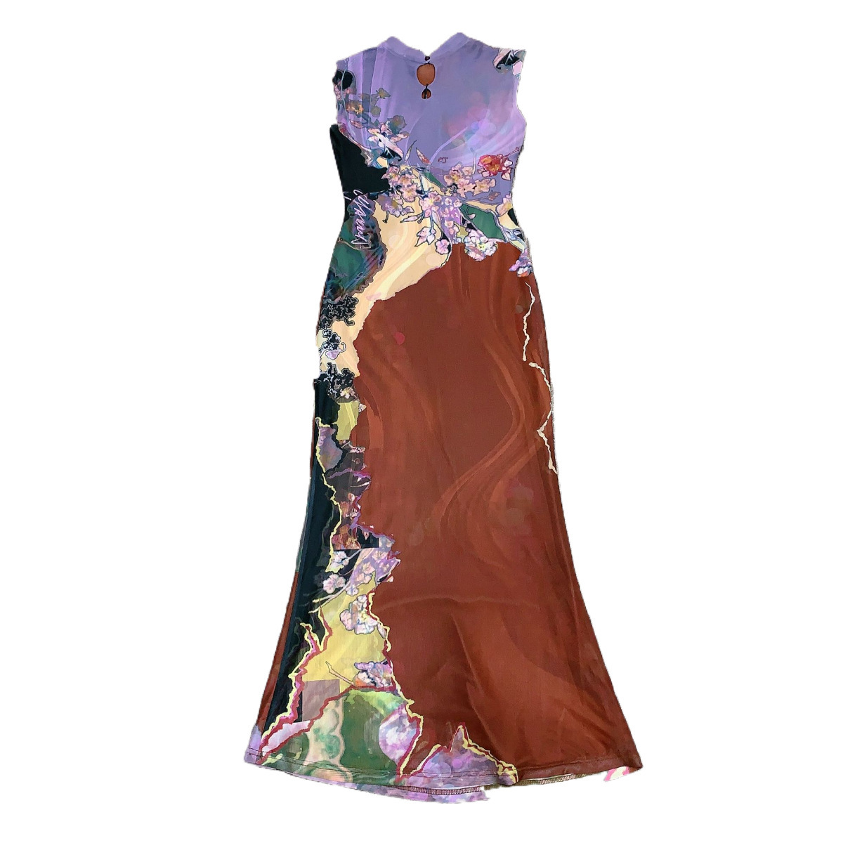 # MoteruStyle! New Chinese Style Front And Back 2-Way Wearable Floral Printed Sleeveless Dress Long skirt Slit Style Contrast Color Cheongsam Dress Qipao - 画像 (4)