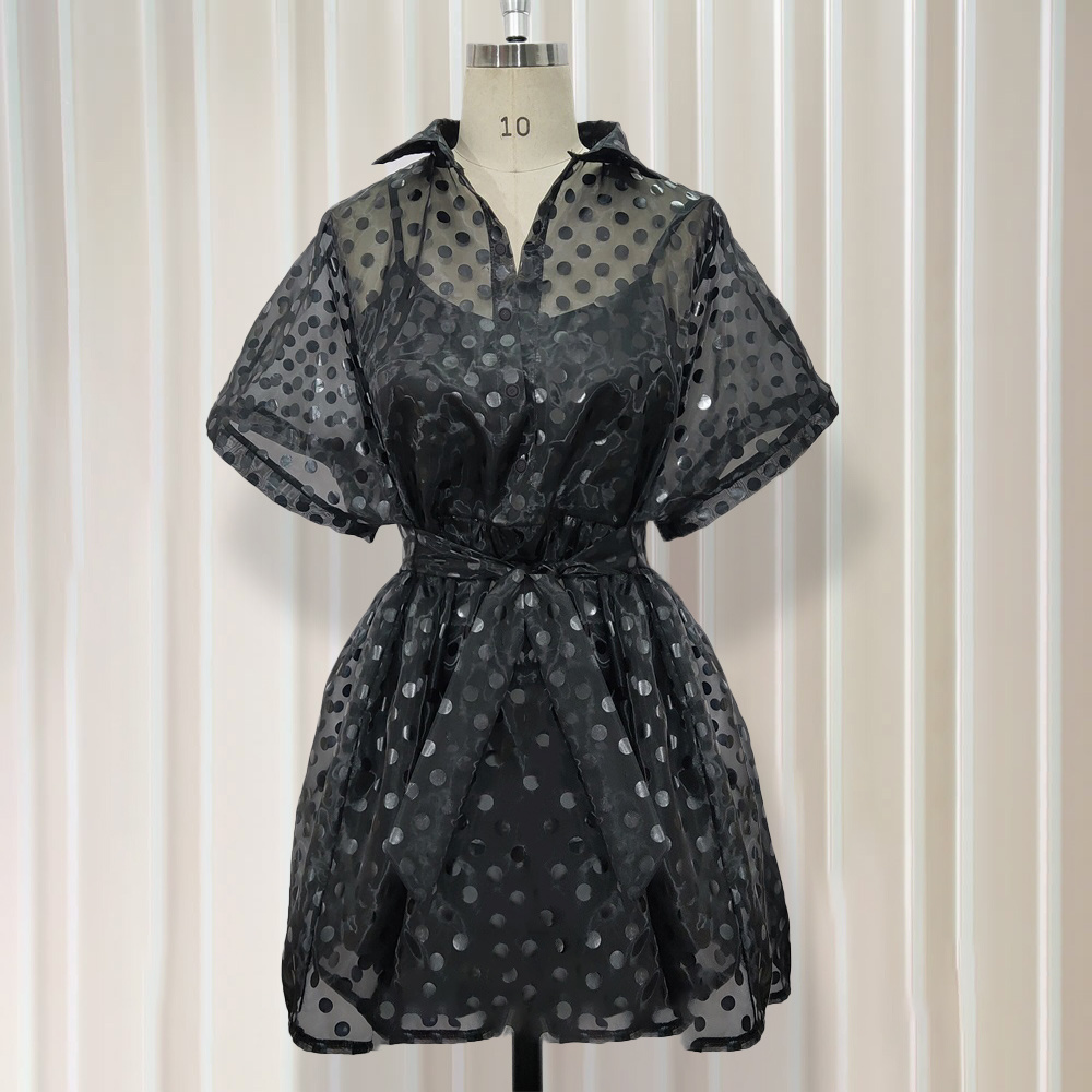 # MoteruStyle! Sexy Polka Dot Mesh Mini Dress Elegant Shirt Dress Bikini Blouse Top Dress 2 PCS Organza Dress See Through Cover Spaghetti Strap Short Sleeve Bow Waisted Nightclub Evening Party - 画像 (6)