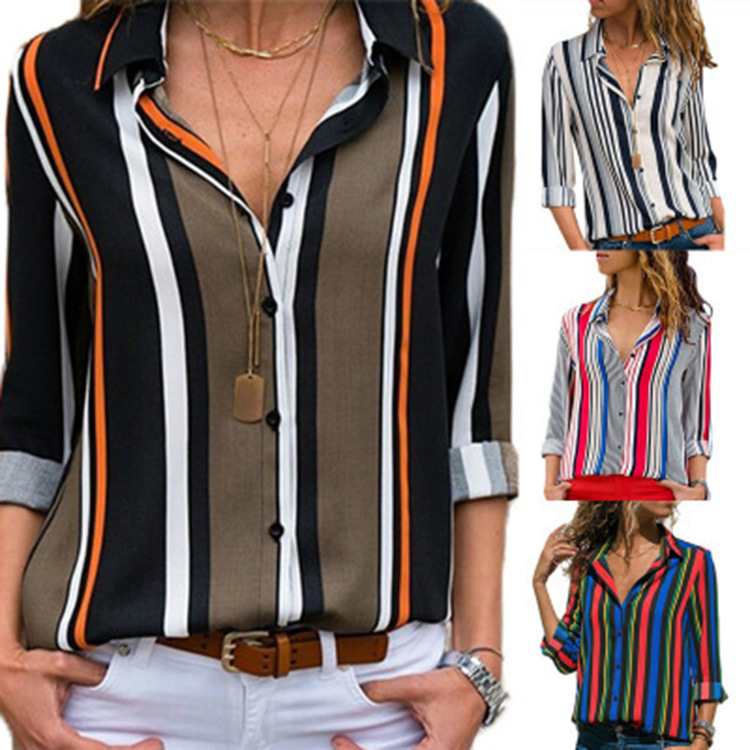 #MoteruStyle! Striped Casual V-Neck Long Sleeve Chiffon Blouse Cardigan Roll Up Button Down Loose Fit Lapel casual Work Top