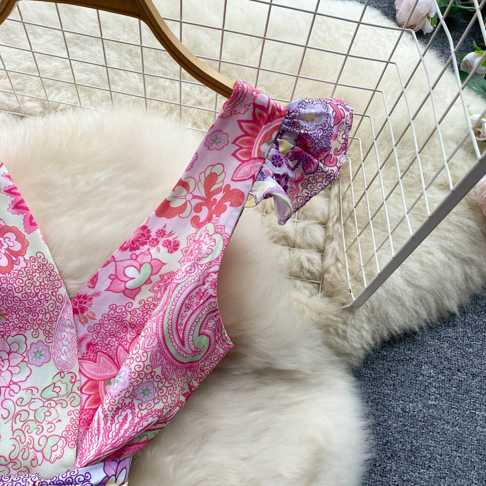 #MoteruStyle! European And American Model Style Retro Flower PrintRetro Flower Prin Printed French Flying Sleeve Sexy Low-cut V-neck Layers Of Cake Dress One-piece - 画像 (8)