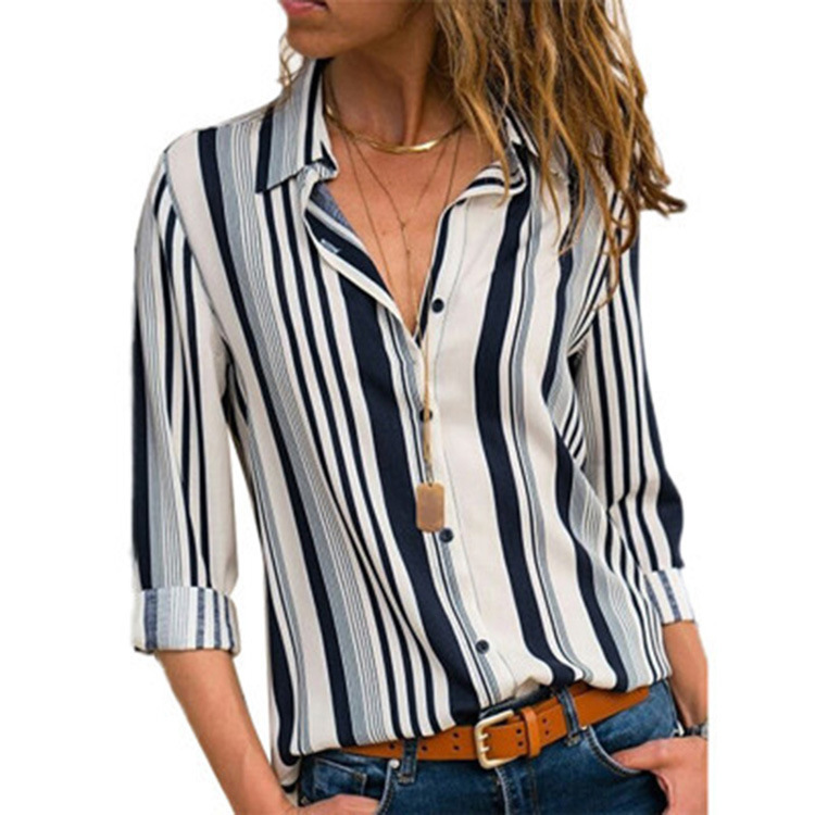 #MoteruStyle! Striped Casual V-Neck Long Sleeve Chiffon Blouse Cardigan Roll Up Button Down Loose Fit Lapel casual Work Top - 画像 (4)