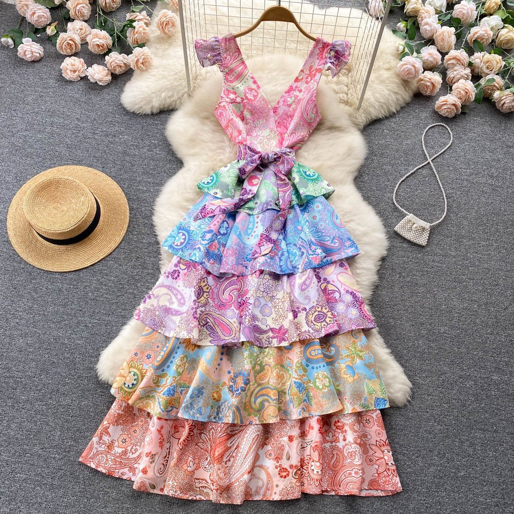 #MoteruStyle! European And American Model Style Retro Flower PrintRetro Flower Prin Printed French Flying Sleeve Sexy Low-cut V-neck Layers Of Cake Dress One-piece