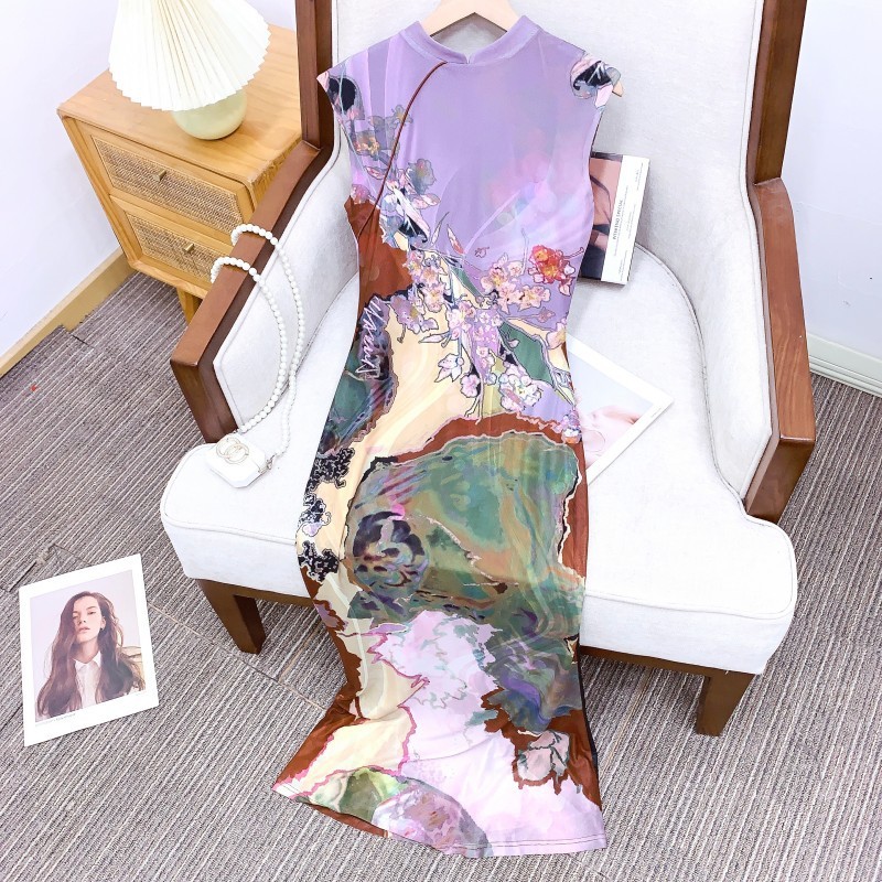 # MoteruStyle! New Chinese Style Front And Back 2-Way Wearable Floral Printed Sleeveless Dress Long skirt Slit Style Contrast Color Cheongsam Dress Qipao - 画像 (3)