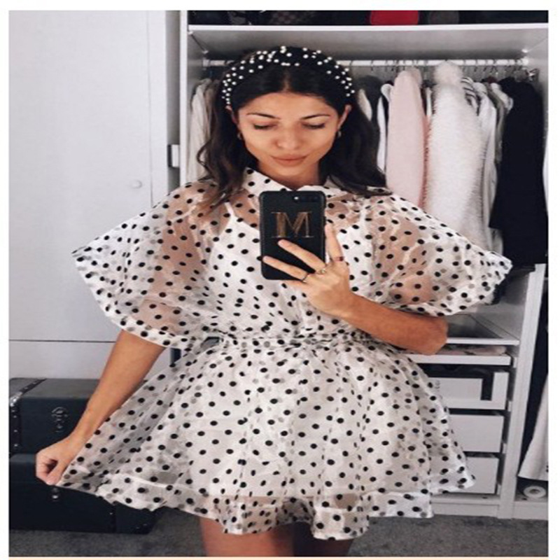 # MoteruStyle! Sexy Polka Dot Mesh Mini Dress Elegant Shirt Dress Bikini Blouse Top Dress 2 PCS Organza Dress See Through Cover Spaghetti Strap Short Sleeve Bow Waisted Nightclub Evening Party - 画像 (8)