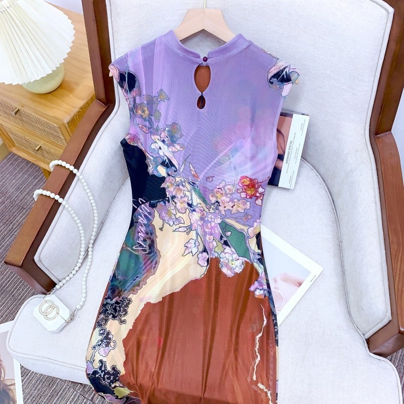 # MoteruStyle! New Chinese Style Front And Back 2-Way Wearable Floral Printed Sleeveless Dress Long skirt Slit Style Contrast Color Cheongsam Dress Qipao - 画像 (6)