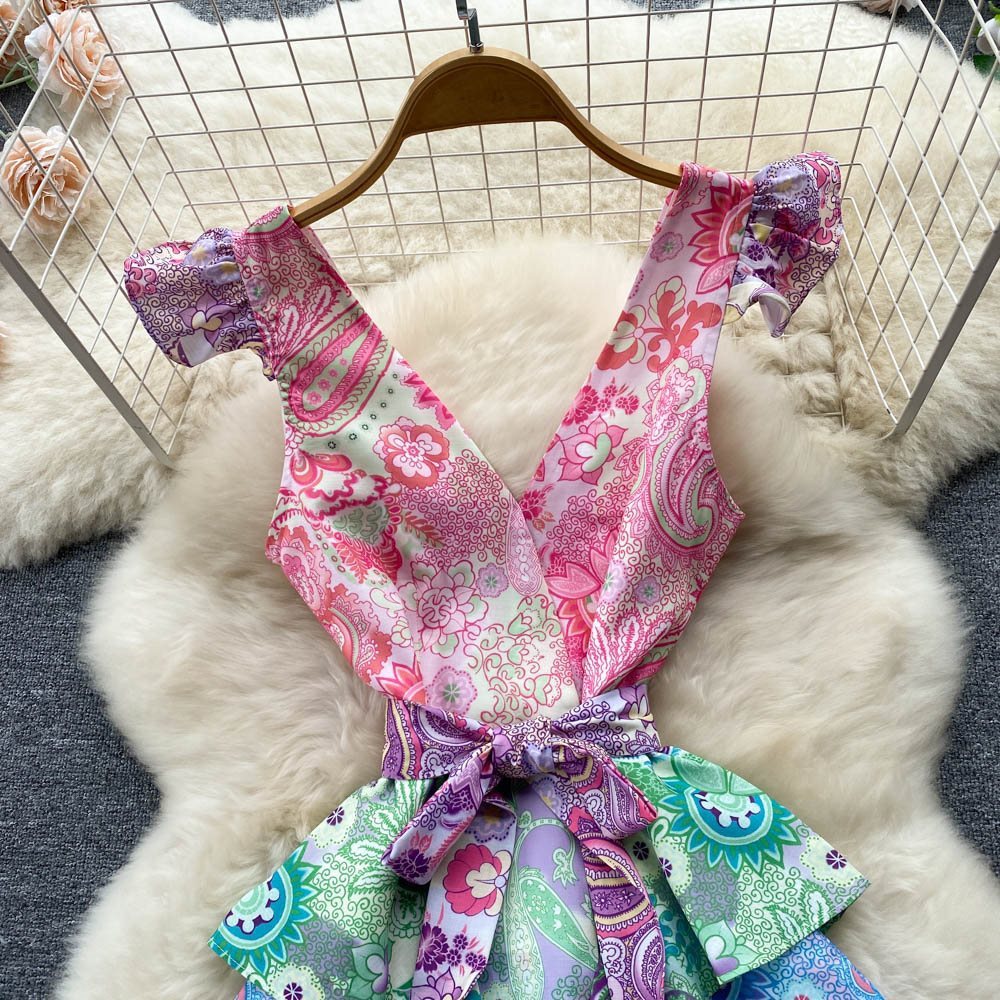 #MoteruStyle! European And American Model Style Retro Flower PrintRetro Flower Prin Printed French Flying Sleeve Sexy Low-cut V-neck Layers Of Cake Dress One-piece - 画像 (2)