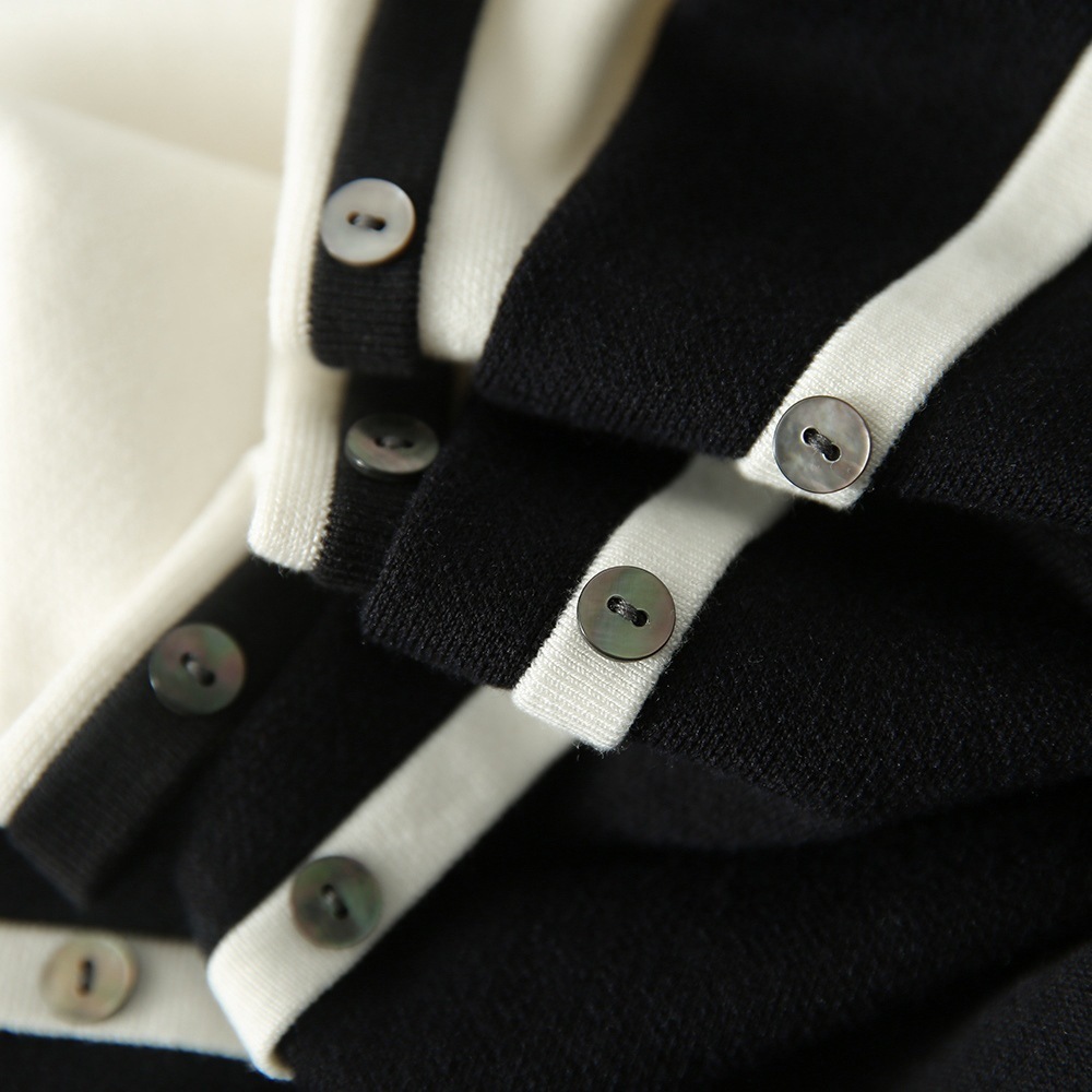 #MoteruStyle! Women's Fashion Black And White Contrast Lapel Knit Top Knitwear Cut and Sewn, Bolero, V-neck Top, Collared Pullover, Short Sleeve, Simming, Casual, Thin, Shirts, Spring and Summer - 画像 (7)