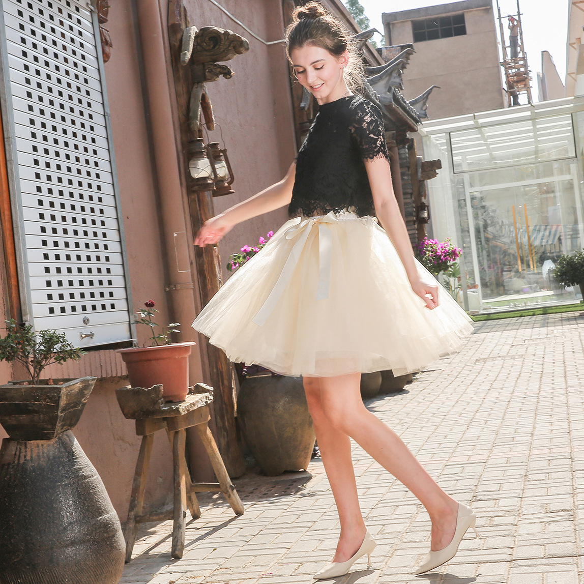 #MoteruStyle! Tutu Skirt Adult Mesh Skirt Cross-Border Tulle Skirt 7-Layer Puff Skirt A-Line Versatile Stretchy Mini Flared Casual Skirt Ballet Performance
Elastic Waist Tulle Petticoat Skirts West Ribbon - 画像 (4)