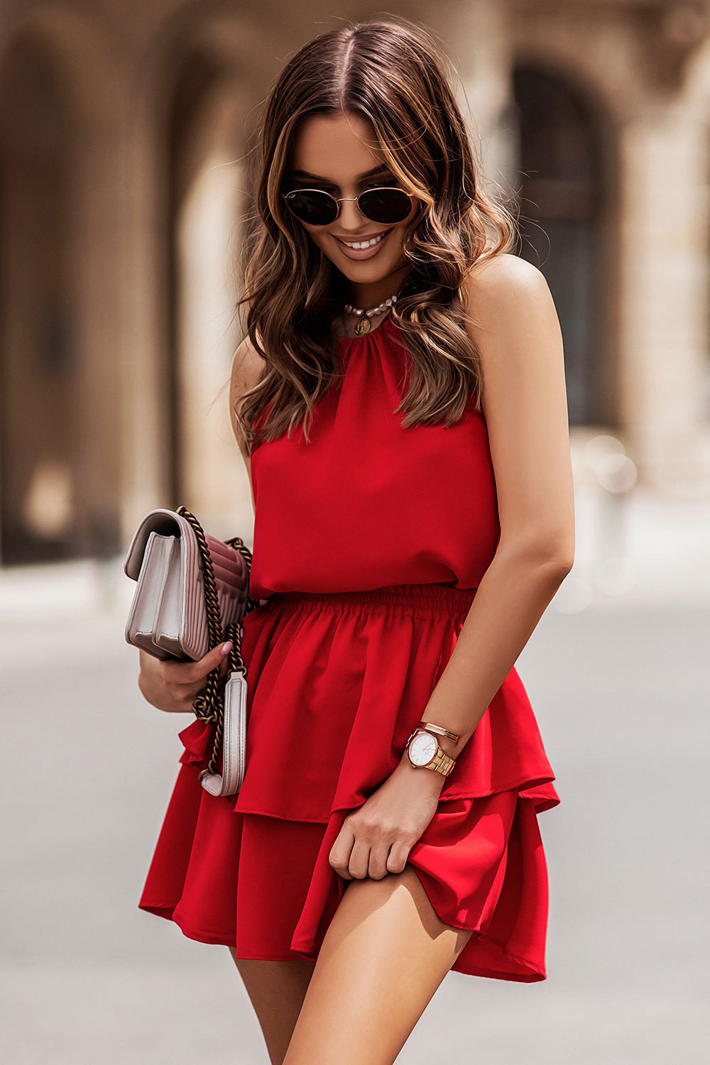 #MoteruStyle! Trendy Halter Neck Pleated Solid Sleeveless Dress Elastic Swing Mini Dress Halter Neck Back Solid Color Cake Dress Double Layer Ruffle A Line - 画像 (2)