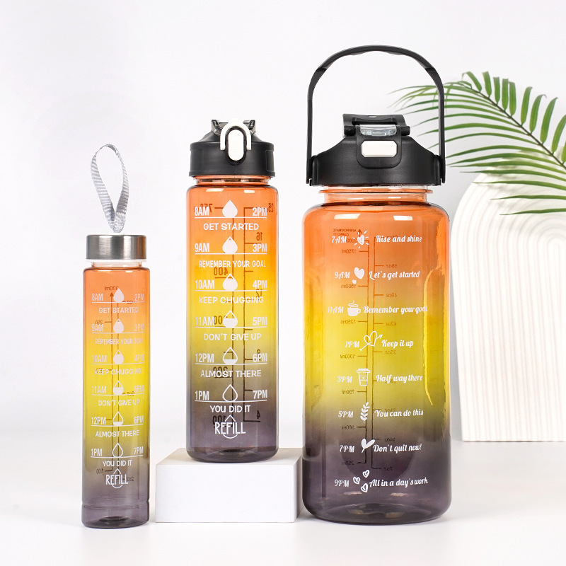 #MoteruStyle! 3-in-1 Gradient Color Motivational Water Bottles Set Plastic Straw Double Drink Translucent Outdoor Sports Bottle - 画像 (10)