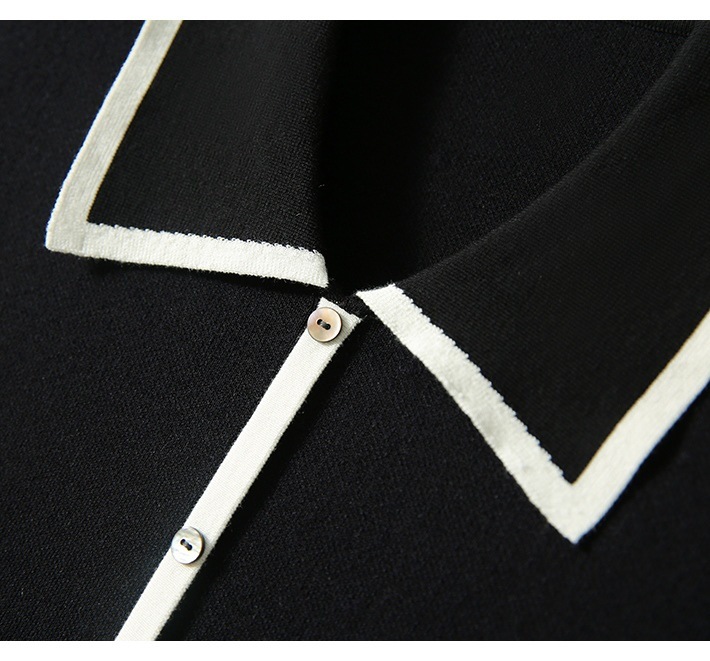 #MoteruStyle! Women's Fashion Black And White Contrast Lapel Knit Top Knitwear Cut and Sewn, Bolero, V-neck Top, Collared Pullover, Short Sleeve, Simming, Casual, Thin, Shirts, Spring and Summer - 画像 (10)