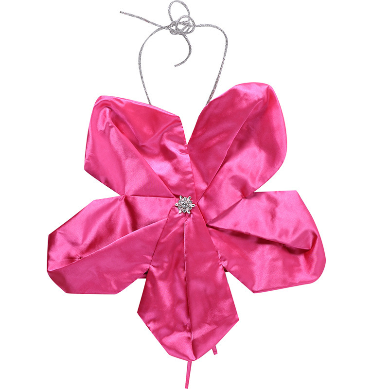 # MoteruStyle! Halter Crystal Flower Asymmetrical Open Back Crop Top Hanging Neck Large Flower Tie Top Casual Vest Tops Pink Cami Streetwear Halter Backless Blouse - 画像 (2)