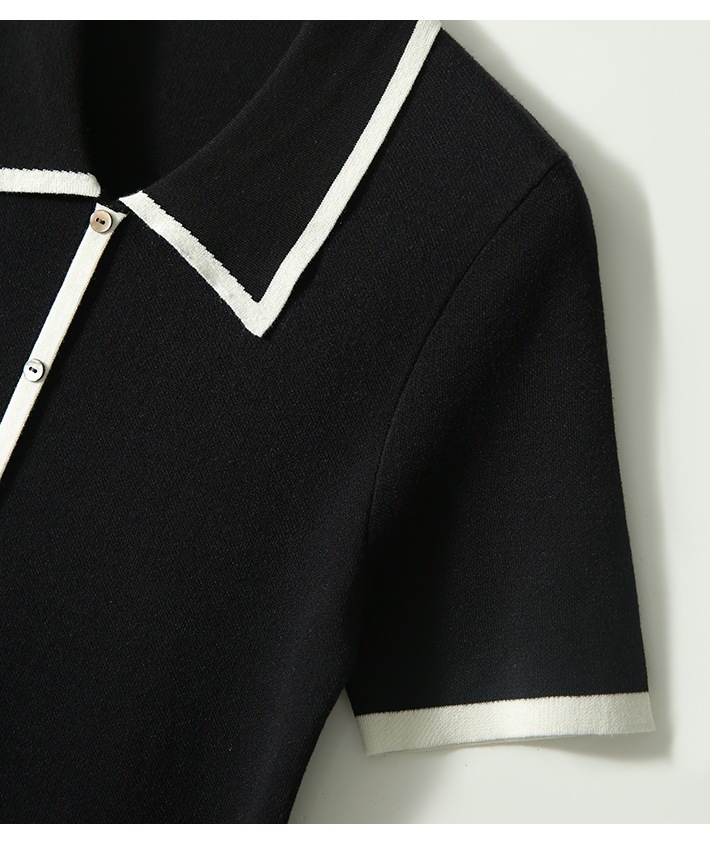 #MoteruStyle! Women's Fashion Black And White Contrast Lapel Knit Top Knitwear Cut and Sewn, Bolero, V-neck Top, Collared Pullover, Short Sleeve, Simming, Casual, Thin, Shirts, Spring and Summer - 画像 (9)