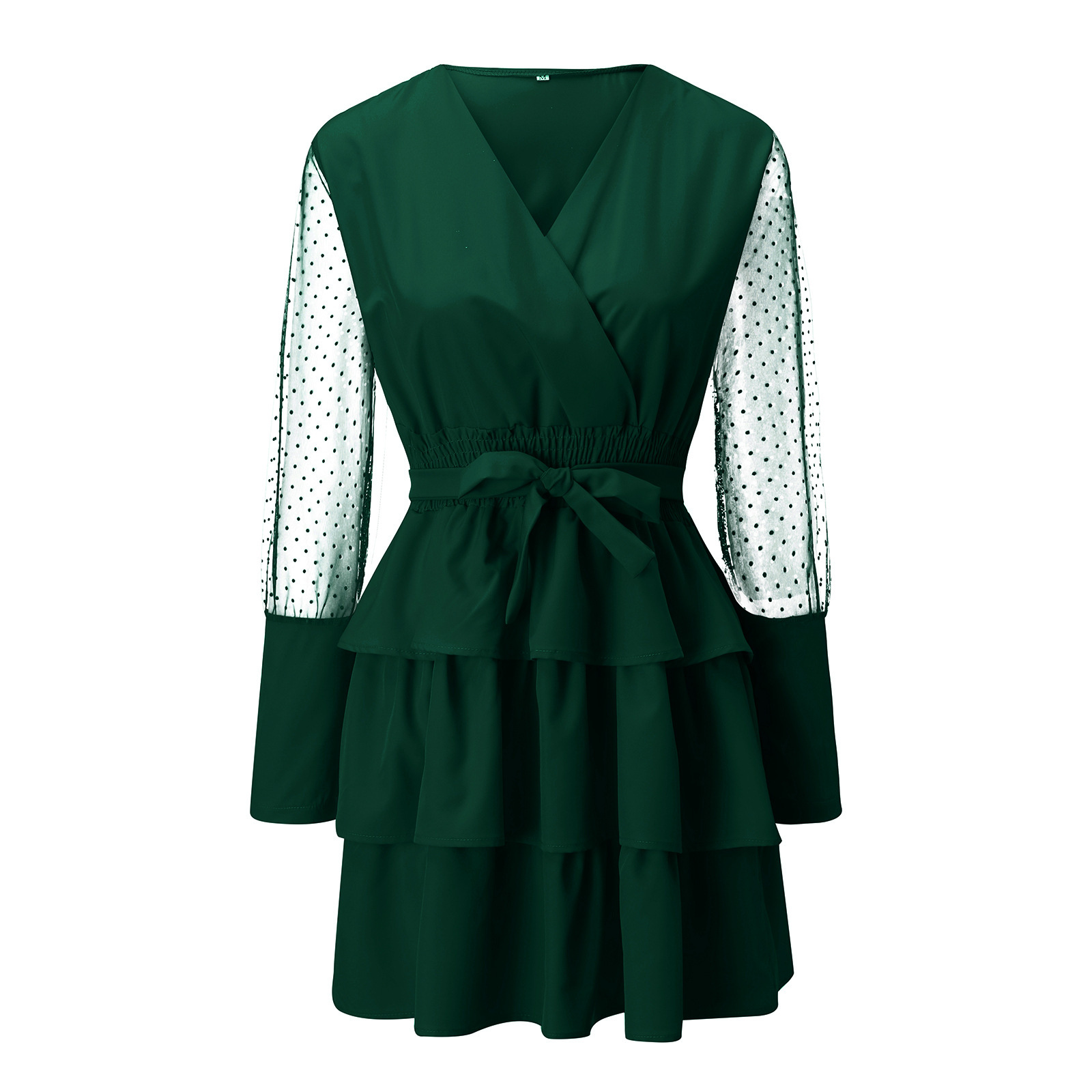 #MoteruStyle! Sexy Dress V-neck Stitching New Patchwork Mesh Sleeves Long-Sleeved Lace Elegant Belt Dress Cake Dress lace up waist ruffled a-line skirt casual dresses - 画像 (6)