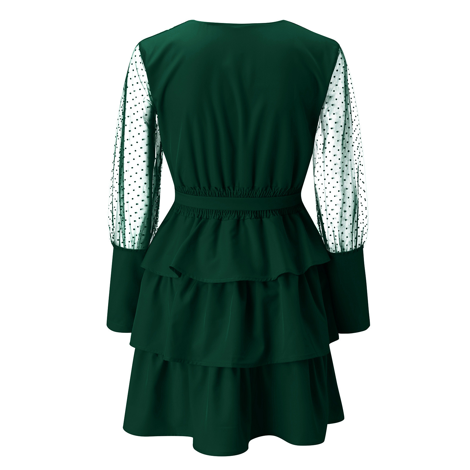#MoteruStyle! Sexy Dress V-neck Stitching New Patchwork Mesh Sleeves Long-Sleeved Lace Elegant Belt Dress Cake Dress lace up waist ruffled a-line skirt casual dresses - 画像 (4)
