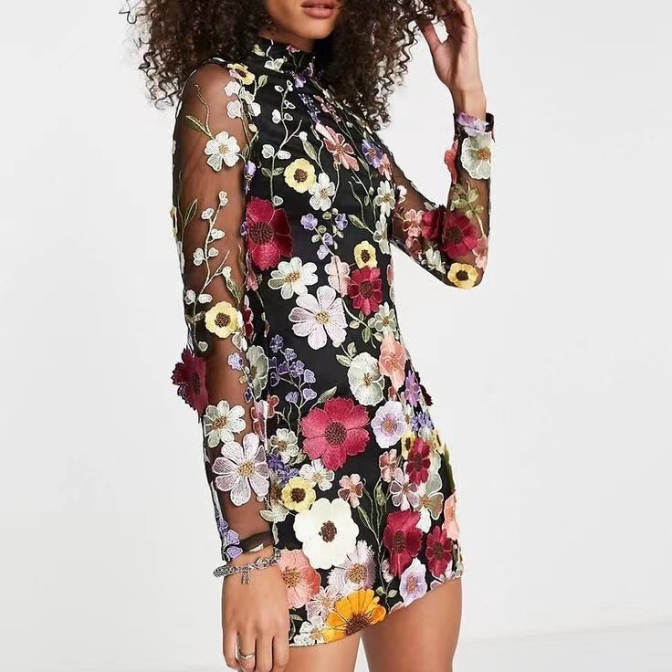 #MoteruStyle! Three-dimensional Flower Sheath Sexy Dress Cross Border Backless See Through Elegant Embroidered Floral Dress Lace Mini Dress Bodycon Long Sleeve Party Dress