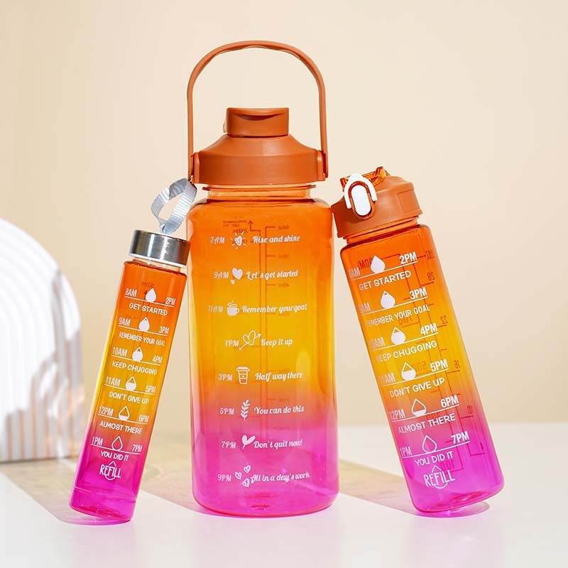 #MoteruStyle! 3-in-1 Gradient Color Motivational Water Bottles Set Plastic Straw Double Drink Translucent Outdoor Sports Bottle - 画像 (6)