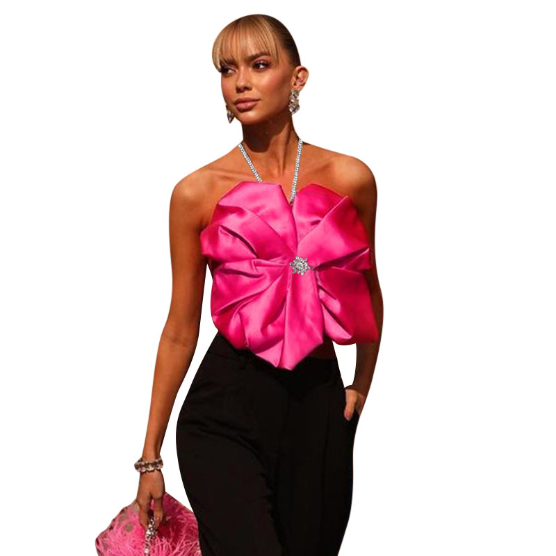 # MoteruStyle! Halter Crystal Flower Asymmetrical Open Back Crop Top Hanging Neck Large Flower Tie Top Casual Vest Tops Pink Cami Streetwear Halter Backless Blouse - 画像 (5)