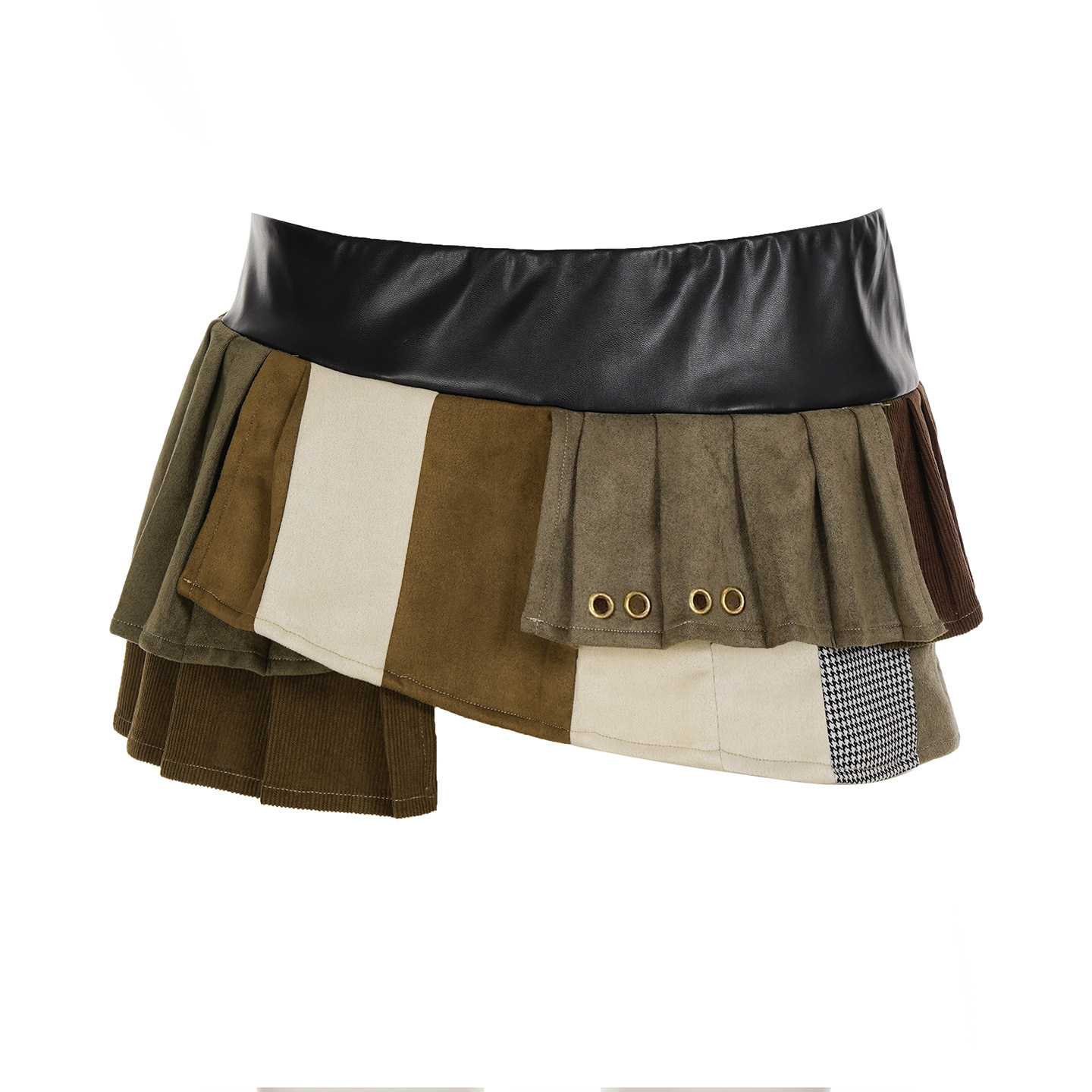 #MoteruStyle! Retro Street Style Irregular Leather Patchwork Pleated Skirt Low Waist Faux Leather Panel Mini Pleated Skirt American Street Style Asymmetric Mini Skirt Punk Style Color Block Half-length Skirt - 画像 (2)
