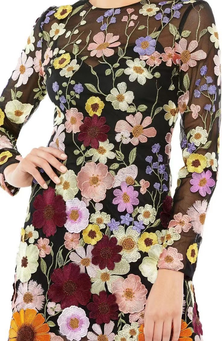 #MoteruStyle! Three-dimensional Flower Sheath Sexy Dress Cross Border Backless See Through Elegant Embroidered Floral Dress Lace Mini Dress Bodycon Long Sleeve Party Dress - 画像 (9)