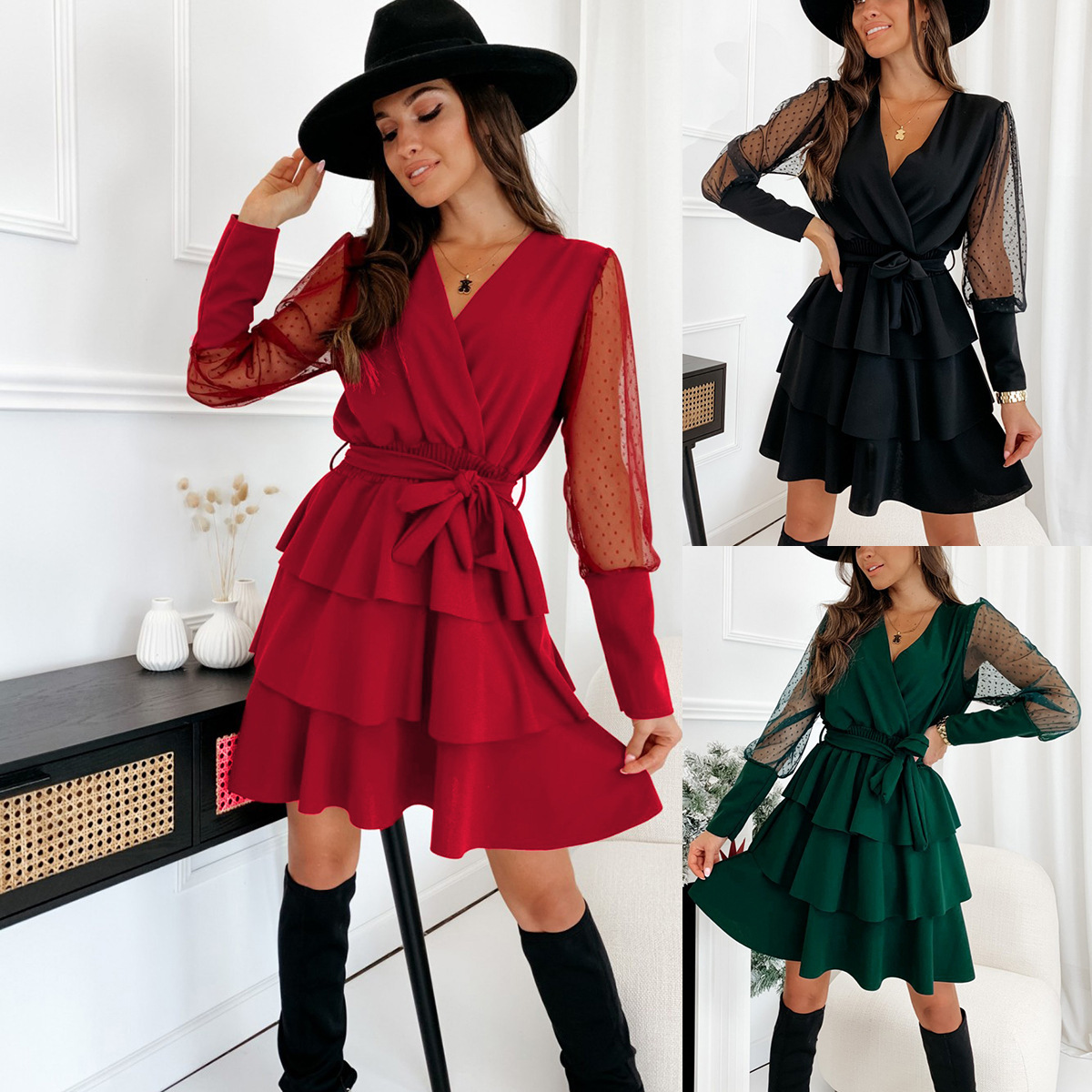 #MoteruStyle! Sexy Dress V-neck Stitching New Patchwork Mesh Sleeves Long-Sleeved Lace Elegant Belt Dress Cake Dress lace up waist ruffled a-line skirt casual dresses