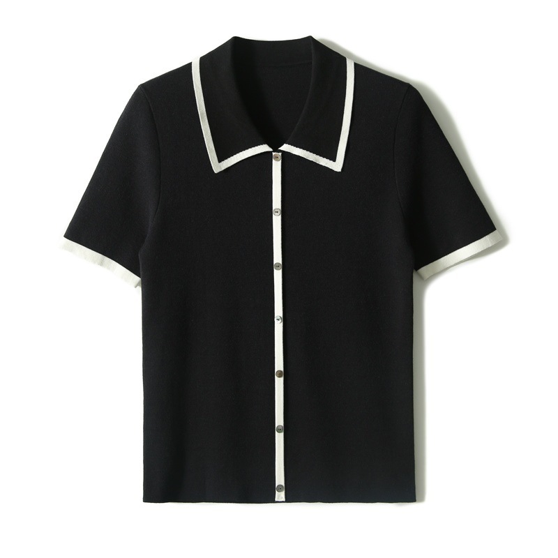 #MoteruStyle! Women's Fashion Black And White Contrast Lapel Knit Top Knitwear Cut and Sewn, Bolero, V-neck Top, Collared Pullover, Short Sleeve, Simming, Casual, Thin, Shirts, Spring and Summer - 画像 (3)