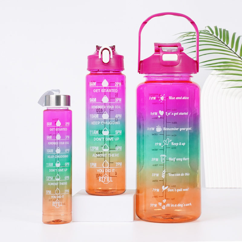 #MoteruStyle! 3-in-1 Gradient Color Motivational Water Bottles Set Plastic Straw Double Drink Translucent Outdoor Sports Bottle - 画像 (4)