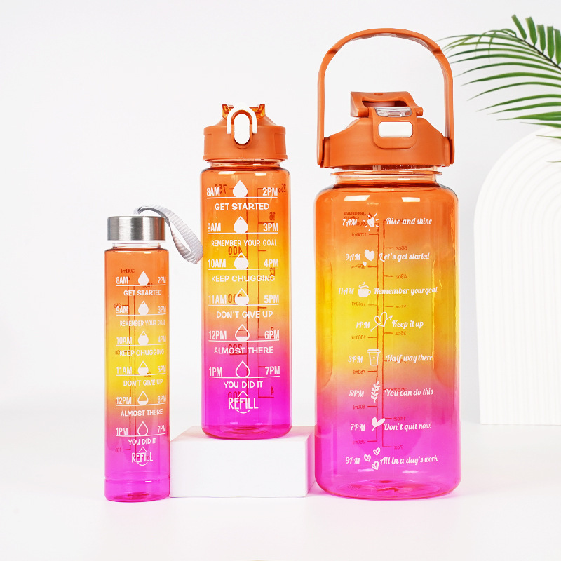 #MoteruStyle! 3-in-1 Gradient Color Motivational Water Bottles Set Plastic Straw Double Drink Translucent Outdoor Sports Bottle - 画像 (2)