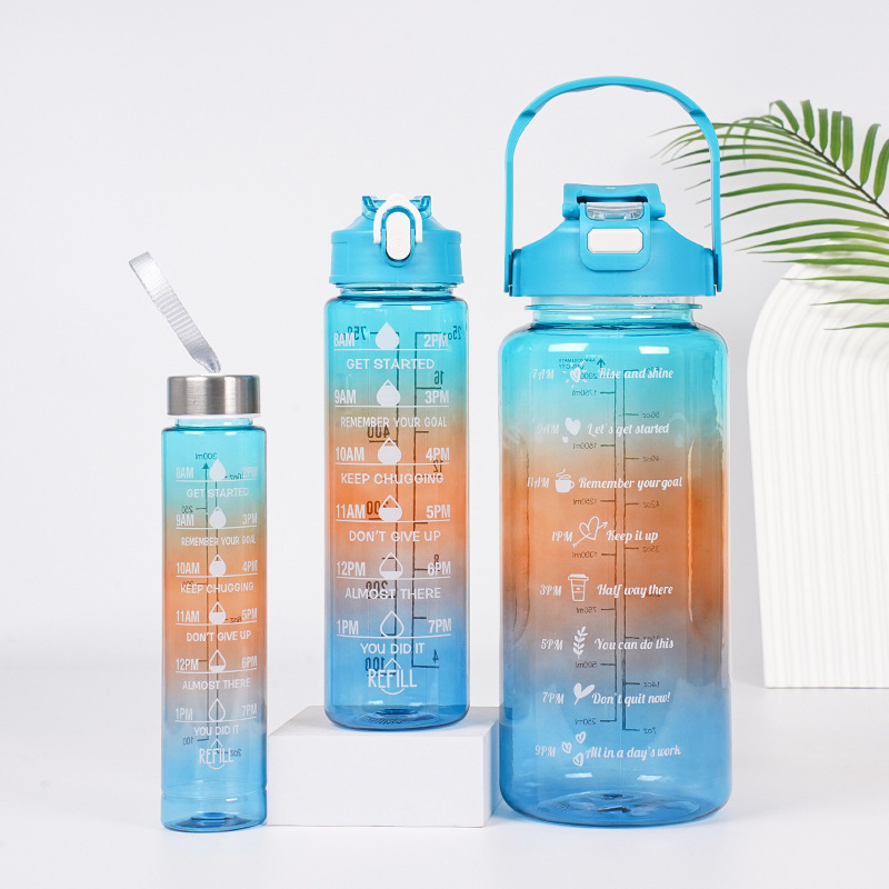 #MoteruStyle! 3-in-1 Gradient Color Motivational Water Bottles Set Plastic Straw Double Drink Translucent Outdoor Sports Bottle - 画像 (9)