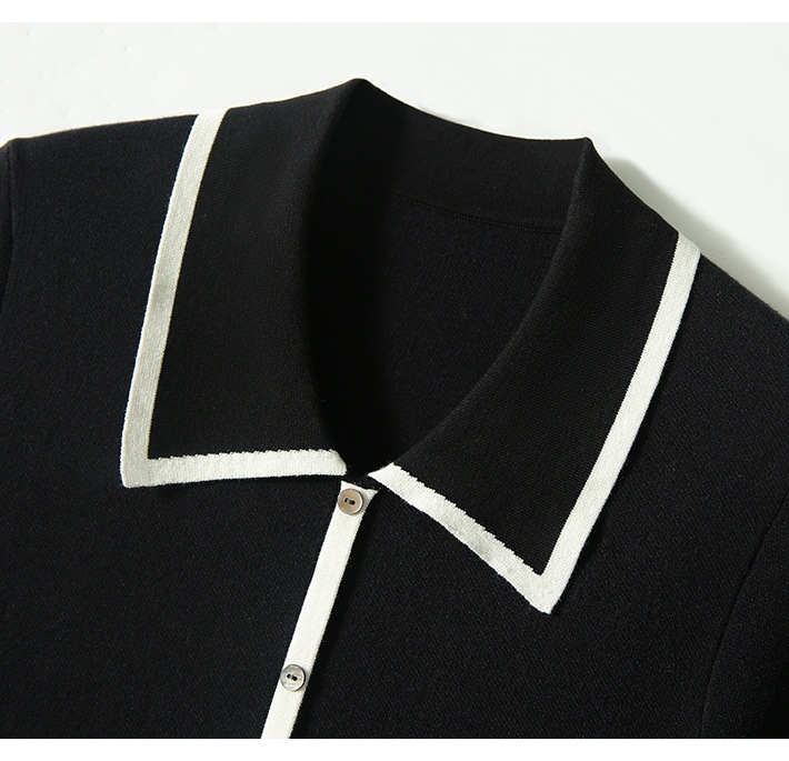 #MoteruStyle! Women's Fashion Black And White Contrast Lapel Knit Top Knitwear Cut and Sewn, Bolero, V-neck Top, Collared Pullover, Short Sleeve, Simming, Casual, Thin, Shirts, Spring and Summer - 画像 (5)
