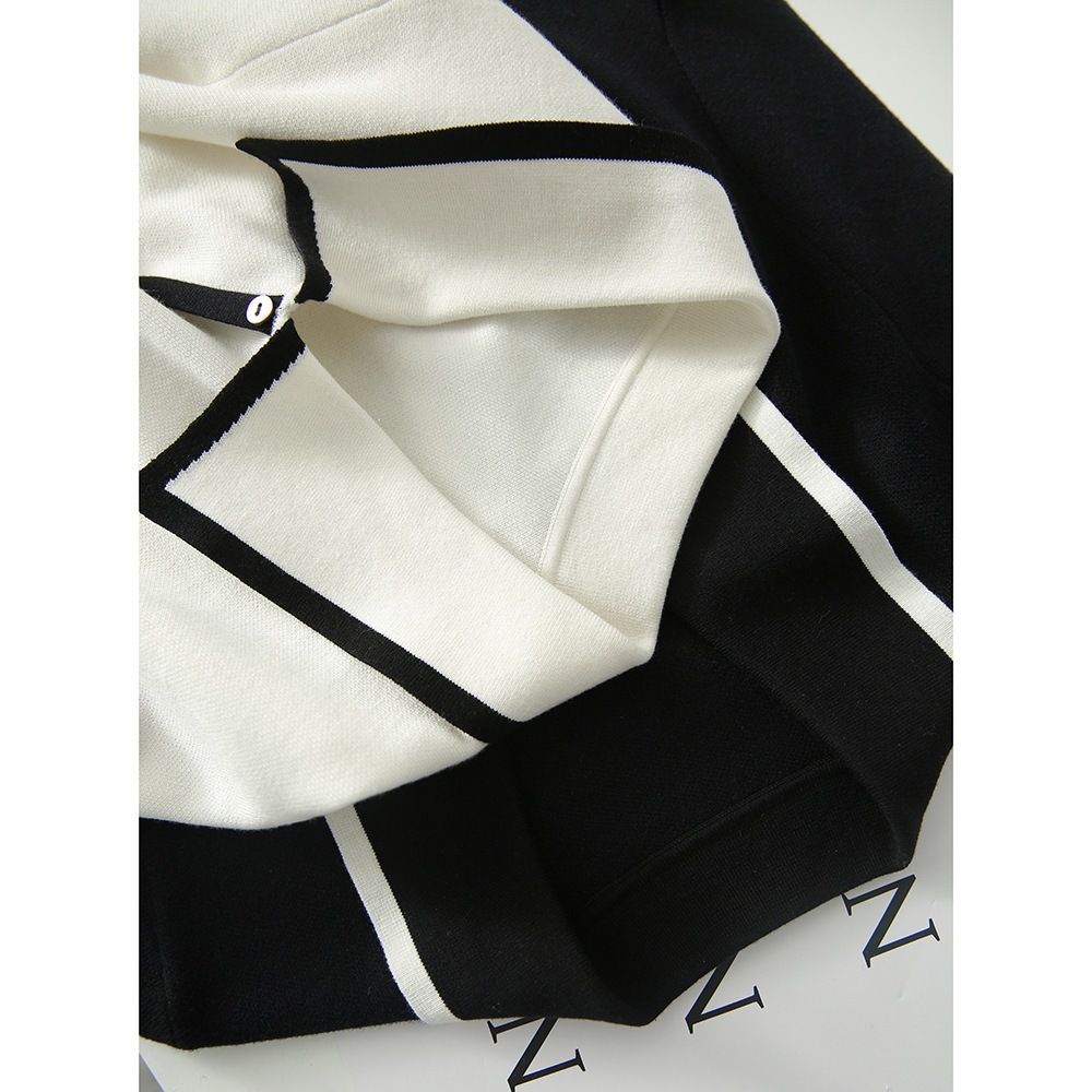 #MoteruStyle! Women's Fashion Black And White Contrast Lapel Knit Top Knitwear Cut and Sewn, Bolero, V-neck Top, Collared Pullover, Short Sleeve, Simming, Casual, Thin, Shirts, Spring and Summer - 画像 (8)