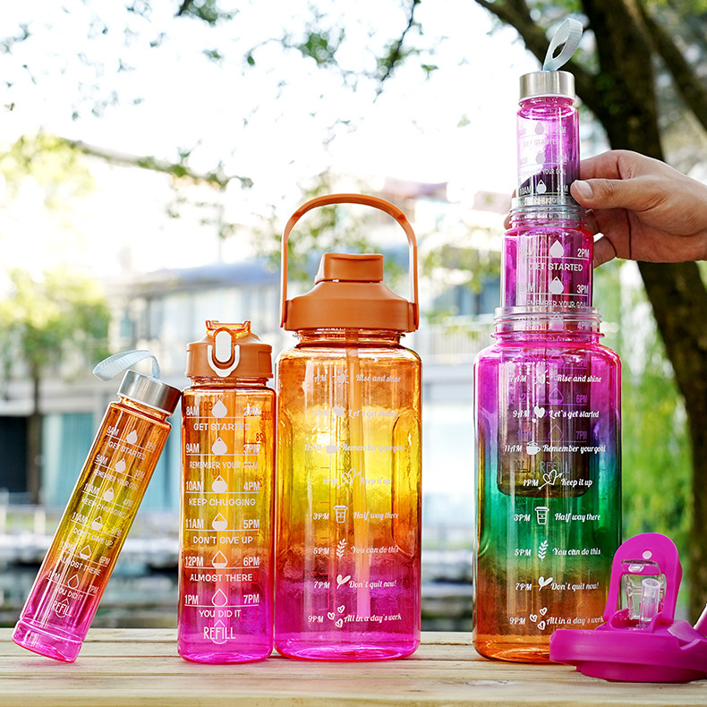 #MoteruStyle! 3-in-1 Gradient Color Motivational Water Bottles Set Plastic Straw Double Drink Translucent Outdoor Sports Bottle - 画像 (5)