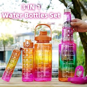 #MoteruStyle! 3-in-1 Gradient Color Motivational Water Bottles Set Plastic Straw Double Drink Translucent Outdoor Sports Bottle