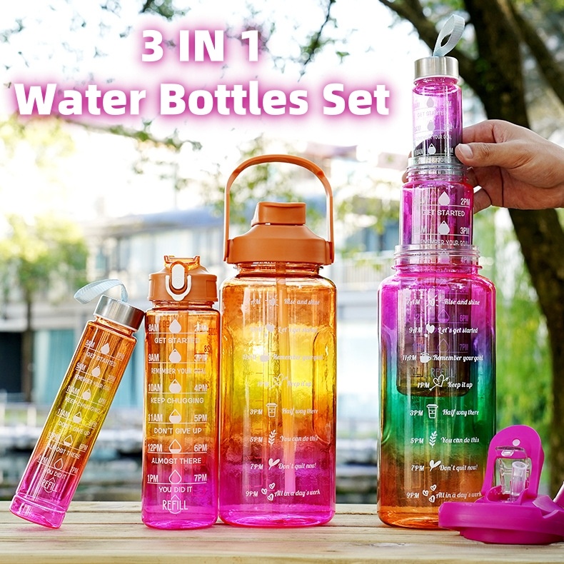 #MoteruStyle! 3-in-1 Gradient Color Motivational Water Bottles Set Plastic Straw Double Drink Translucent Outdoor Sports Bottle