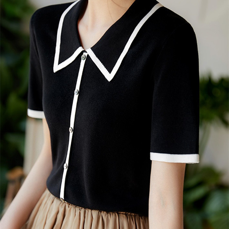 #MoteruStyle! Women's Fashion Black And White Contrast Lapel Knit Top Knitwear Cut and Sewn, Bolero, V-neck Top, Collared Pullover, Short Sleeve, Simming, Casual, Thin, Shirts, Spring and Summer