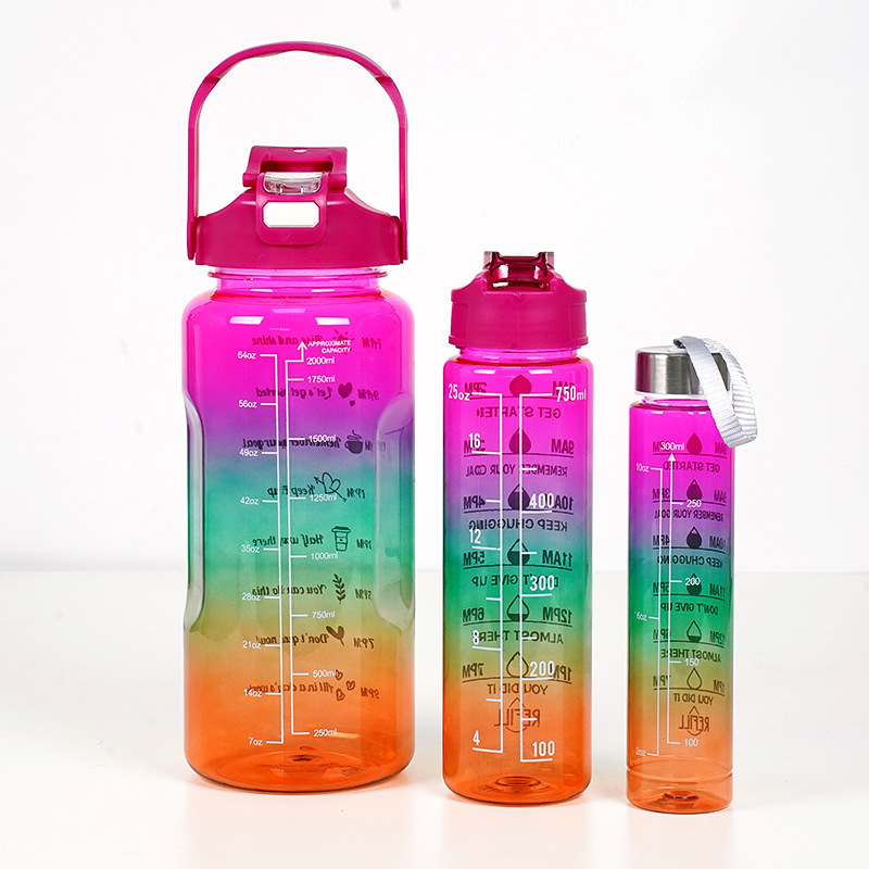 #MoteruStyle! 3-in-1 Gradient Color Motivational Water Bottles Set Plastic Straw Double Drink Translucent Outdoor Sports Bottle - 画像 (8)