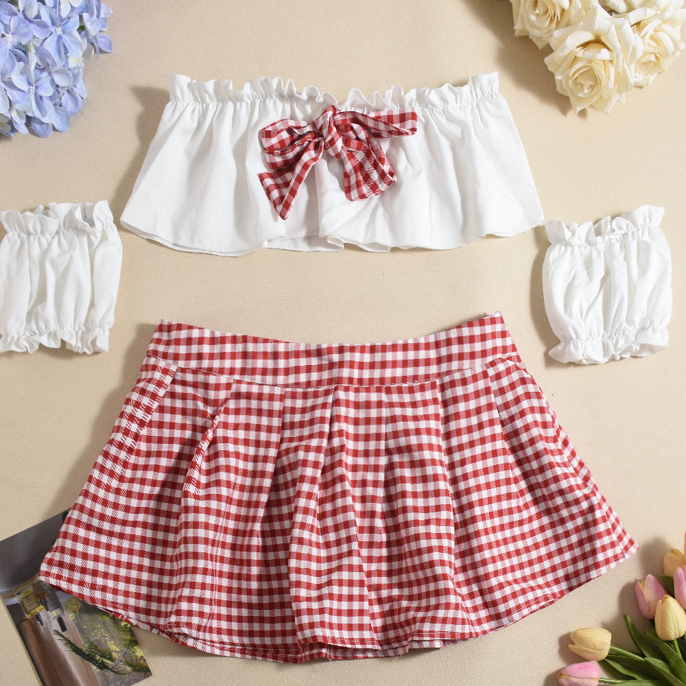 #MoteruStyle! Sexy Cutout Plaid Chest-wrapped Separated Sleeves Pleated Skirt Plaid Patchwork Dress Bow Applique Separate Sleeve Tank Tops+Ruched Ruffles Skirts Sweet Girls Outfits Hollow Grid Separated Sleeves Short Skirt 3-piece Set - 画像 (2)