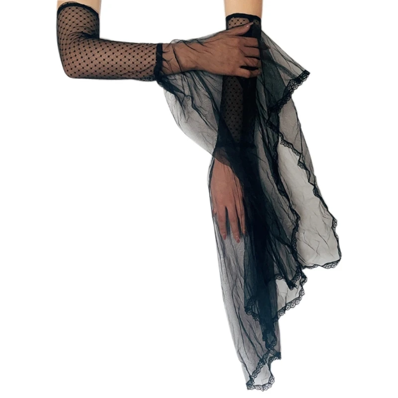 #MoteruStyle! Black Long Lace Cuff Sleeves Elegant Detachable Bowknot Decorative Sleeves Halloween Costume Gloves for Women Teens Girl - 画像 (4)