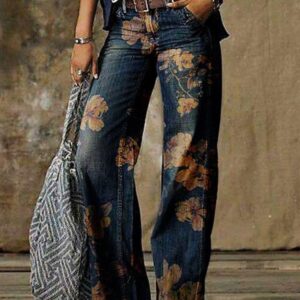 #MoteruStyle! Ladies denim straight-leg pants Denim Pants High Waist Floral Print Wide Leg Trousers Loose Jeans acquista in modo economico Loose Fit, Distressed Jeans, Fashion Jeans, Slimming, Street, Flare, Stretch, Thin, Denim Tapered Pants
