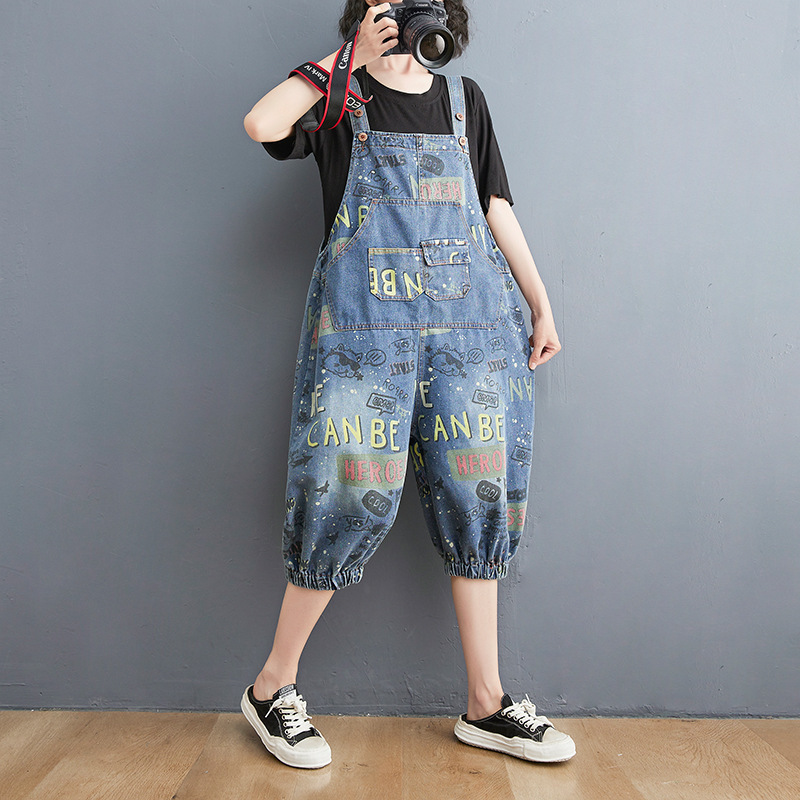 #MoteruStyle! Vintage Streetwear Printed Denim Strap Pants Overalls All-in-One Overalls, Loose Fit, Wide Leg Body Cover, Pattern, 3/4 Length, Casual Jeans jumpsuit - 画像 (5)