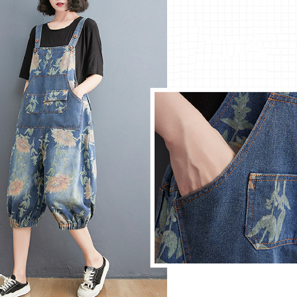 #MoteruStyle! Vintage Streetwear Printed Denim Strap Pants Overalls All-in-One Overalls, Loose Fit, Wide Leg Body Cover, Pattern, 3/4 Length, Casual Jeans jumpsuit - 画像 (6)