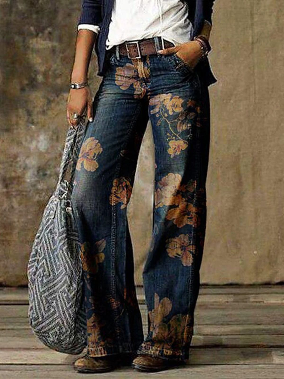 #MoteruStyle! Ladies denim straight-leg pants Denim Pants High Waist Floral Print Wide Leg Trousers Loose Jeans acquista in modo economico Loose Fit, Distressed Jeans, Fashion Jeans, Slimming, Street, Flare, Stretch, Thin, Denim Tapered Pants - 画像 (4)