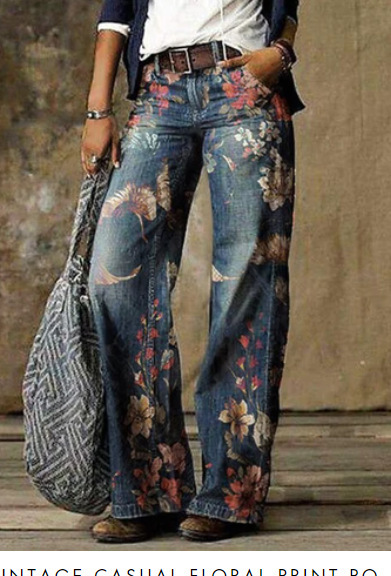 #MoteruStyle! Ladies denim straight-leg pants Denim Pants High Waist Floral Print Wide Leg Trousers Loose Jeans acquista in modo economico Loose Fit, Distressed Jeans, Fashion Jeans, Slimming, Street, Flare, Stretch, Thin, Denim Tapered Pants - 画像 (3)