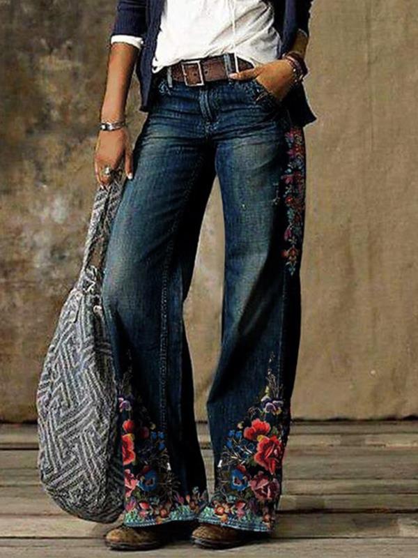 #MoteruStyle! Ladies denim straight-leg pants Denim Pants High Waist Floral Print Wide Leg Trousers Loose Jeans acquista in modo economico Loose Fit, Distressed Jeans, Fashion Jeans, Slimming, Street, Flare, Stretch, Thin, Denim Tapered Pants - 画像 (2)