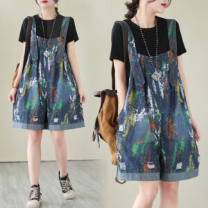 #MoteruStyle! Retro Fashion Oversized Printed Denim Suspenders Loose Thin Section Jumpsuit Shorts Denim Strap Pants